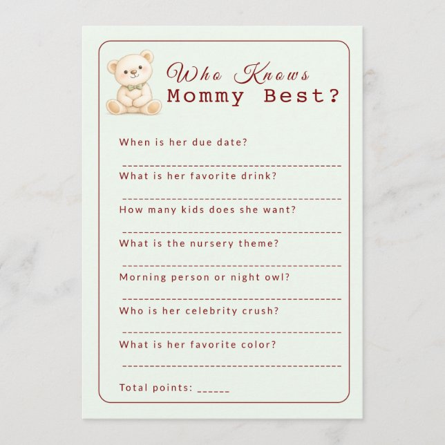 Vem Känner Mamma Bäst Baby Shower Spelkort (Framsida)