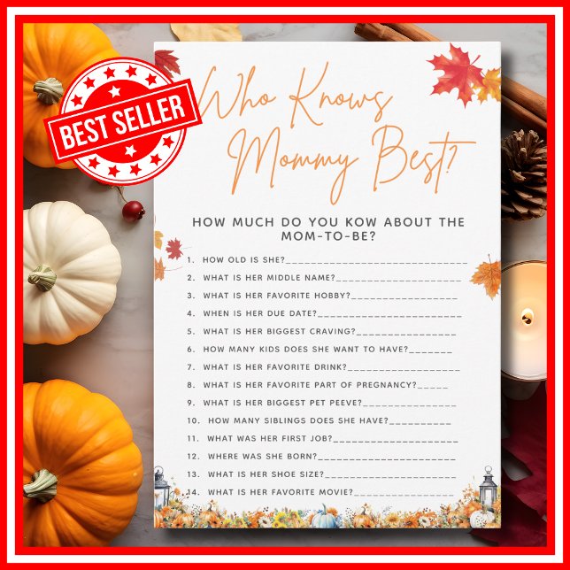 VEM KÄNNER MAMMA BÄST Frågor Baby Shower Lek Inbjudningar (WHO KNOWS MOMMY BEST Baby Shower Game with Answers A Little Pumpkin is on the Way Theme )