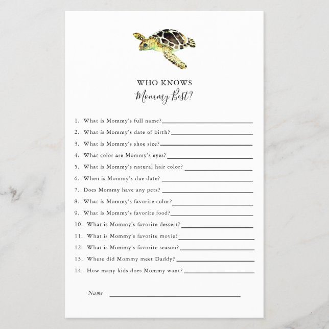 Vem Känner Mamma Bäst Havssköldpadda Baby Shower E Flygblad (Framsidan)