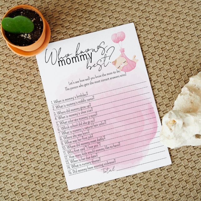 Vem känner Mamma bäst? Rosa Kitten Baby Shower Rådkort (Who knows mommy best? Cat theme baby shower game.)