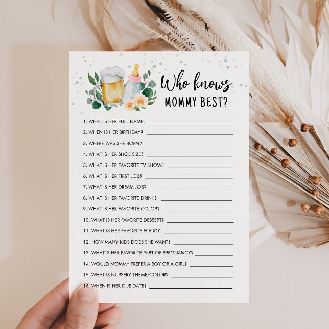 Vem Känner Mamma Bäst Spel Baby Bryggs Kort (Beer and Floral Baby is Brewing Baby Shower Who knows mommy best Game Card)