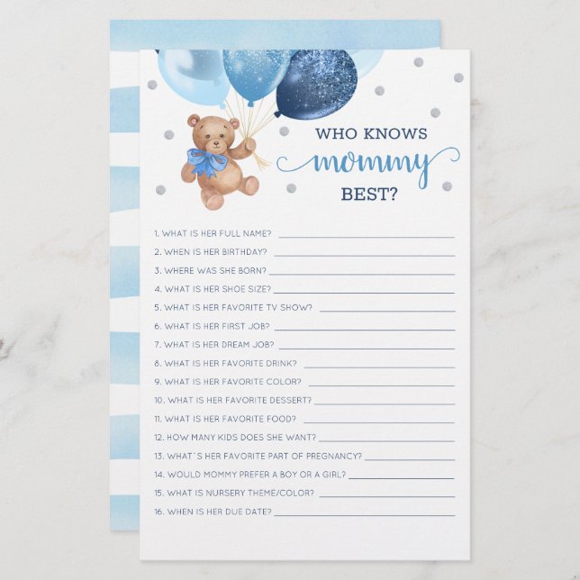Vem Känner Mamma Bäst Spel Baby Shower Teddybjörn (Fram/baksida)