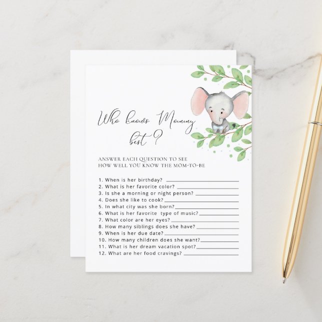 Vem känner Mamma Best Elephant Baby Shower-spel (Fram/Back In Situ)