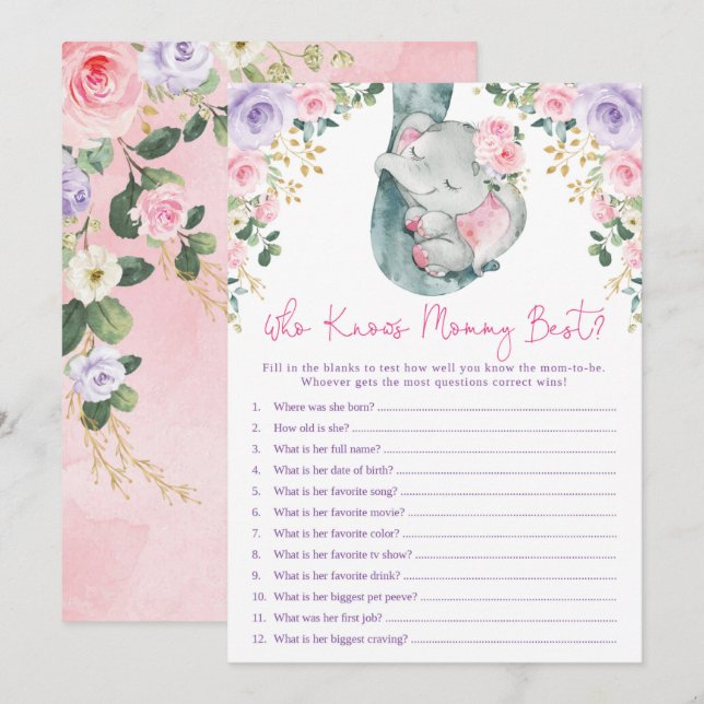 Vem känner Mamma Best Elephant Baby Shower-spel Inbjudningar (Fram/baksida)