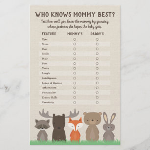Vem känner Mamma Best Woodland Baby Shower-spel Flygblad