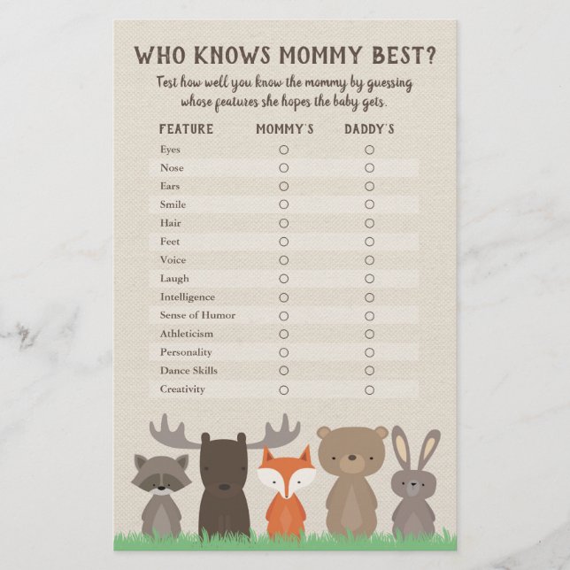 Vem känner Mamma Best Woodland Baby Shower-spel Flygblad (Framsidan)