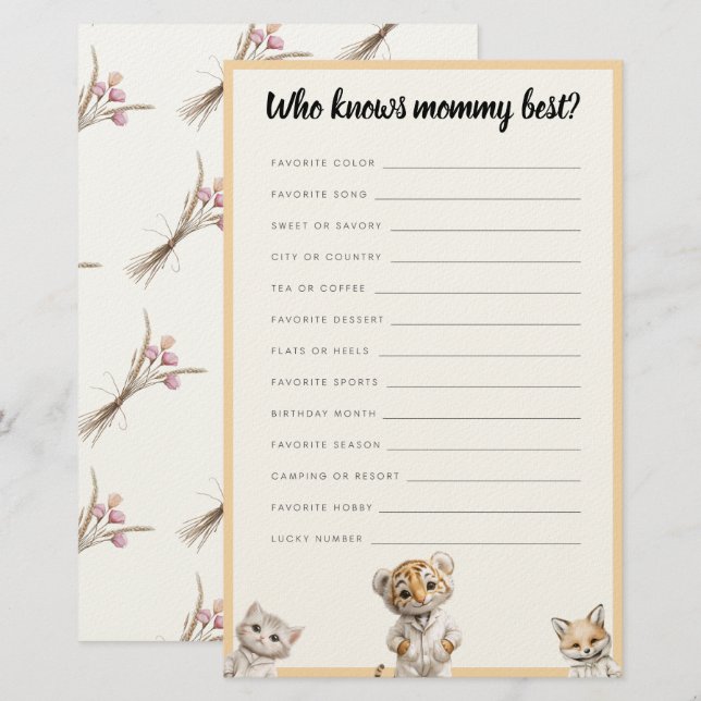 Vem känner mamman bäst? Whimsical Pajama Animals Brevpapper (Fram/baksida)