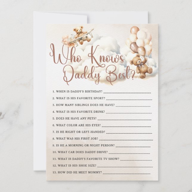 VEM KÄNNER PAPPA BÄST Baby Shower Lek Söt Björn Inbjudningar (Framsida)