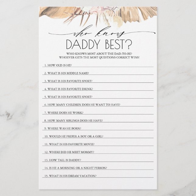 Vem känner pappa Best Baby Shower-spel (Framsida)