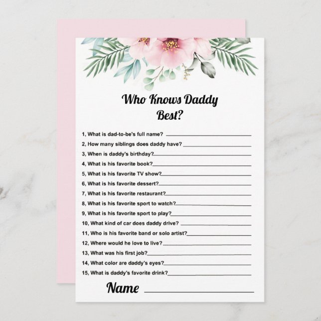 Vem känner pappa Best Rosa Baby Shower Game Card Inbjudningar (Fram/baksida)