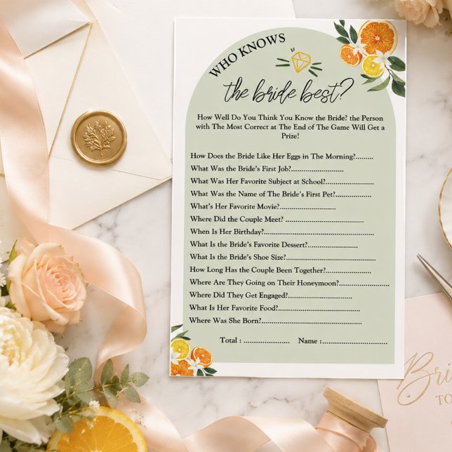 Vem känner till de bästa bröllopsfestspelarna (Who Knows the Best Bridal Shower Party Games, lemon greenery watercolor main squeeze)
