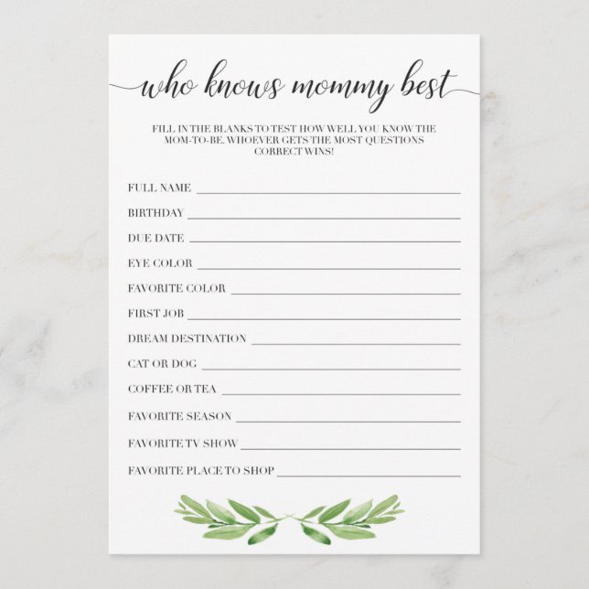 Vem känner till Mamma Best Baby Shower-spelkort (Framsida)