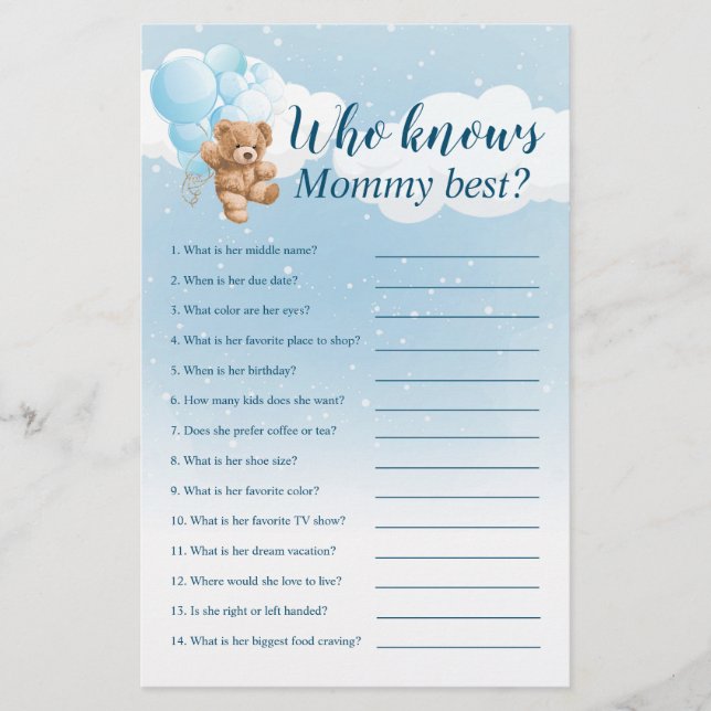 Vem känner till Mamma Best Blue Nalle Game Flygblad (Framsidan)