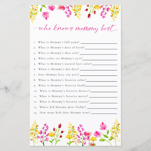 Vem känner till Mamma Wildblommor Baby Shower-spel (Framsida)