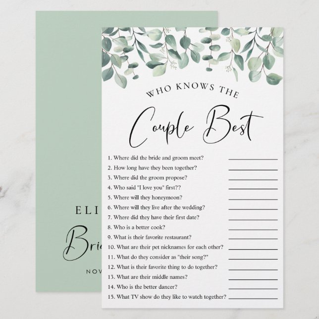 Vem känner till paret Best Greenery Shower-spelet (Fram/baksida)