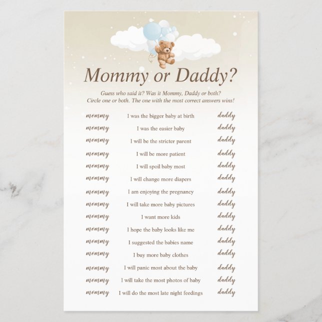 Vem sa att det var Blue Nalle Baby Shower Game Flygblad (Framsidan)