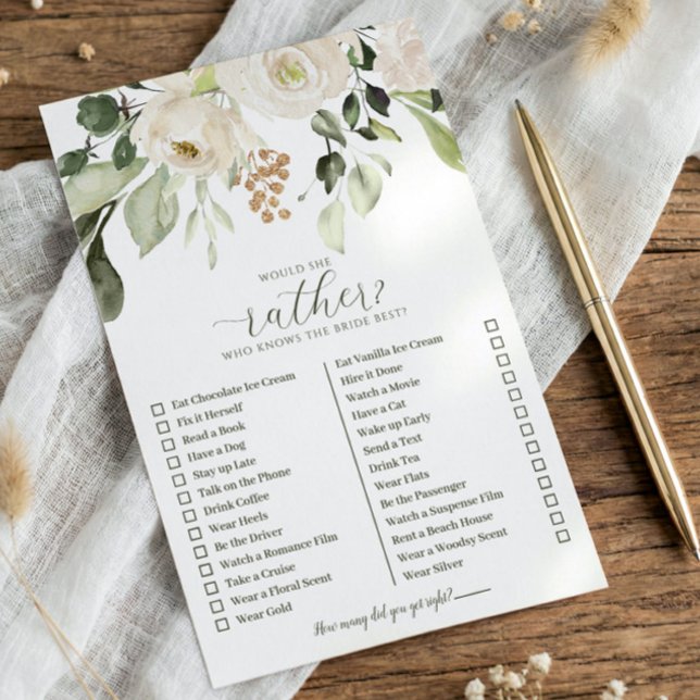 Vem vet att hon skulle vara bäst om hon var mer på (Bridal shower game - Would she rather - White watercolor floral sage greenery)