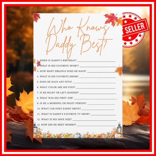 VEM VET DADDY BEST Baby Shower Game PUMPKIN Inbjudningar (WHO KNOWS DADDY BEST Easy Baby Shower Game A Little Pumpkin is on the Way Fall Autumn Theme)