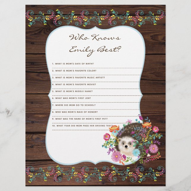 Vem vet mamman bäst Baby Shower Game - Igelkott (Framsida)