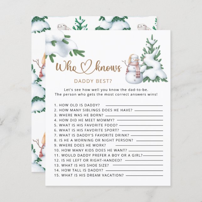 Vem vet pappa bäst om babyduschspelet på vintern? (Fram/baksida)