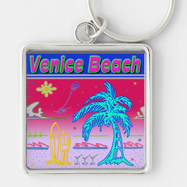 ’Venedig Beach’ Surfer Keychain Fyrkantig Silverfärgad Nyckelring (Framsidan)