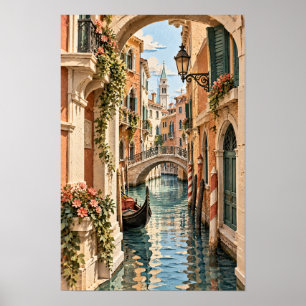 Venedig Italien Gondol Kanal och Stenbro Mur A Poster