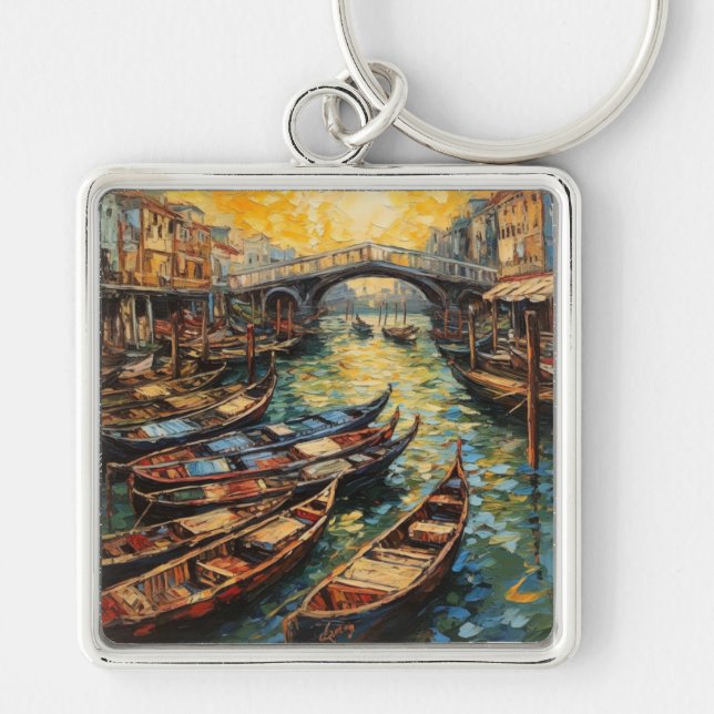 Venedig, Italien, i van Gogh stil Fyrkantig Silverfärgad Nyckelring (Framsidan)