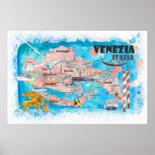 Venedig-Italien Illustrated Karta med huvudkanals Poster