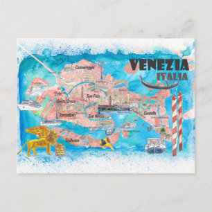 Venedig-Italien Illustrated Karta med Main Canals Vykort