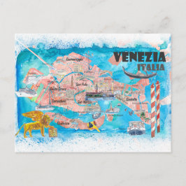 Venedig-Italien Illustrated Karta med Main Canals Vykort