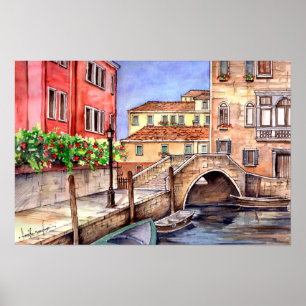 Venedig Italien Penn- och tvättakvarell Poster