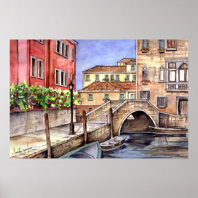 Venedig Italien Penn- och tvättakvarell Poster (Framsidan)