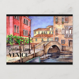 Venedig Italien Penna & Tvätt Vattenfärg Vykort