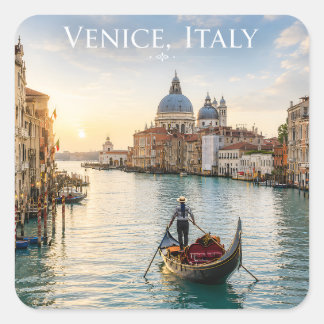 Venedig Italien Stora Kanalen Gondol Solnedgång Fyrkantigt Klistermärke