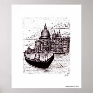 Venedig Italien svart och vit penna bläck teckning Poster