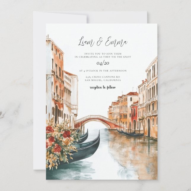 Venedig Italien Watercolor Bröllop Inbjudningar (Framsida)