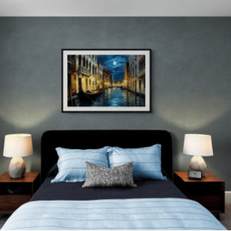 Venedig-kanal på natten, oljemålning | Ai Poster