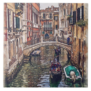 Venedig-kanalen med hus och gondola. Italien. Kakelplatta