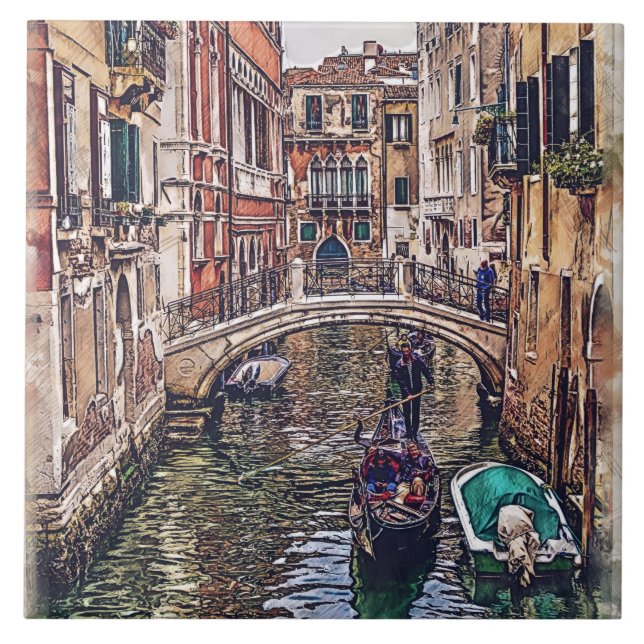 Venedig-kanalen med hus och gondola. Italien. Kakelplatta (Framsidan)