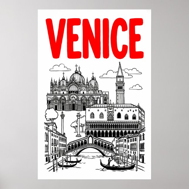 Venedig Resa Konsttryck, Gondol och Basilika Poster (Framsidan)