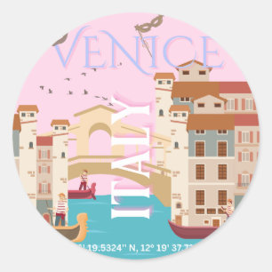 Venedig Travel Art, Italien, Retro Travel Art Runt Klistermärke