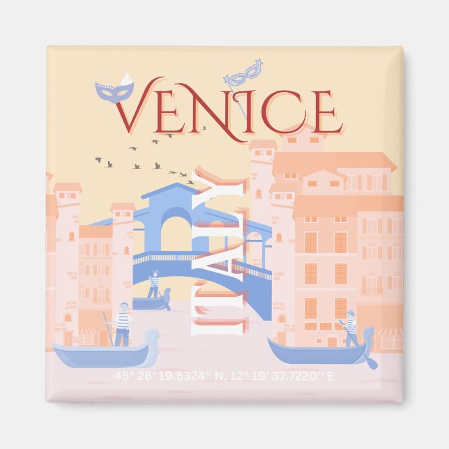 Venedig Travel Art, Italien, Travel Art, Retro Magnet (Framsidan)