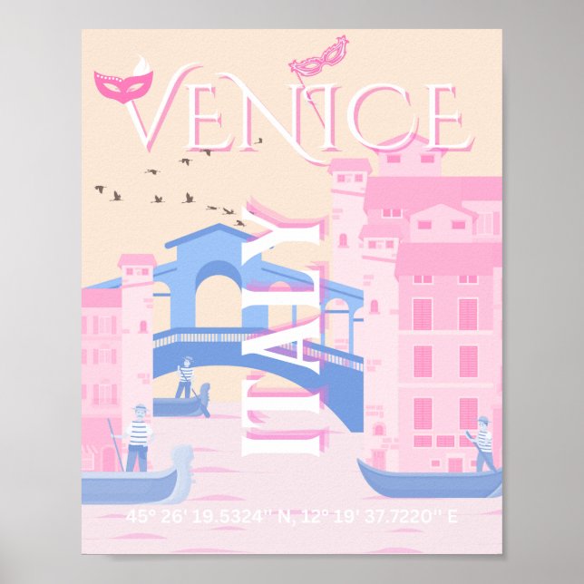 Venedig Travel Art, Italien, Travel Art, Rosa Poster (Framsidan)