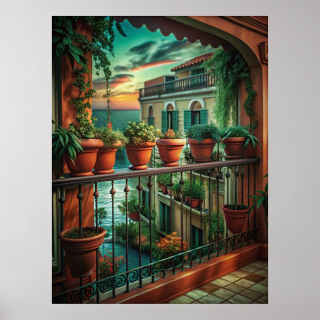 Venetian Balcony Sunset Canal View Art Poster (Framsidan)