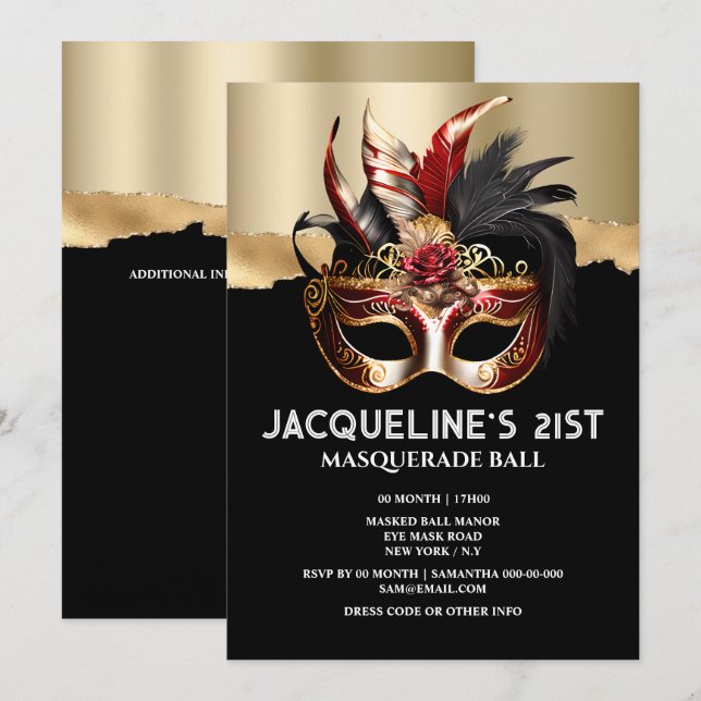 Venetian maskerad födelsedagspressglam mask ro chi inbjudningar (Fram/baksida)