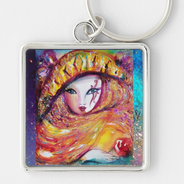 VENETIAN MASQUERADE - MASK I GULT FYRKANTIG SILVERFÄRGAD NYCKELRING (Framsidan)