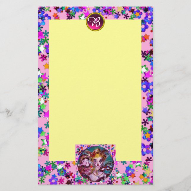 VENETIAN MASQUERADE MASKS,CONFETTI GEM MONOGRAM BREVPAPPER (Framsida)