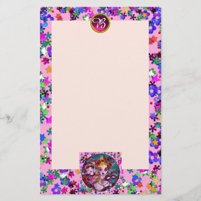 VENETIAN MASQUERADE MASKS,CONFETTI ROSA MONOGRAM BREVPAPPER (Framsida)