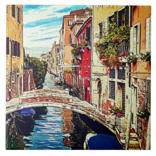 Venetisk kanal med hus och bro. Italien. Kakelplatta