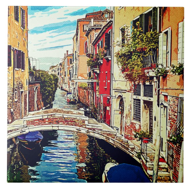 Venetisk kanal med hus och bro. Italien. Kakelplatta (Framsidan)